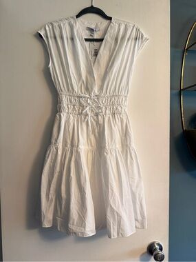 NWT Derek Lam Crosby Size O White Tora Cotton Poplin V-Neck Smocked Mini Dres